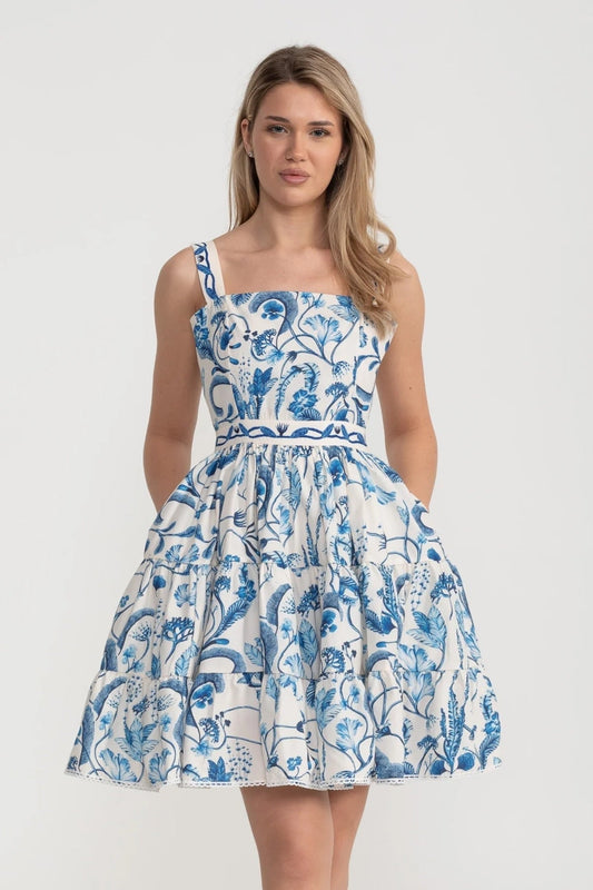 Mavi Çiçek ve Paisley Desenli Dar Mini Elbise - Beyaz