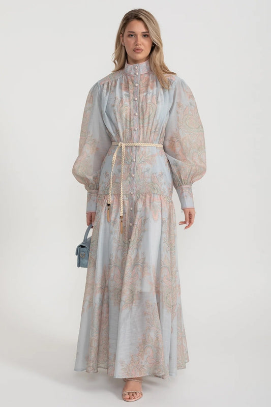 Paisley Desenli Düğmeli Uzun Elbise Halat Kemerli – Açık Mavi