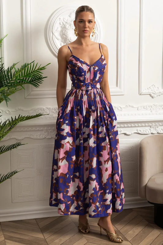 Pileli Göğüslü, Kemerli ve İnce Askılı Midi Elbise - Mor