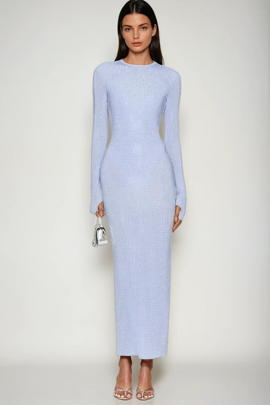Mor Taşlı Bodycon Maxi Elbise