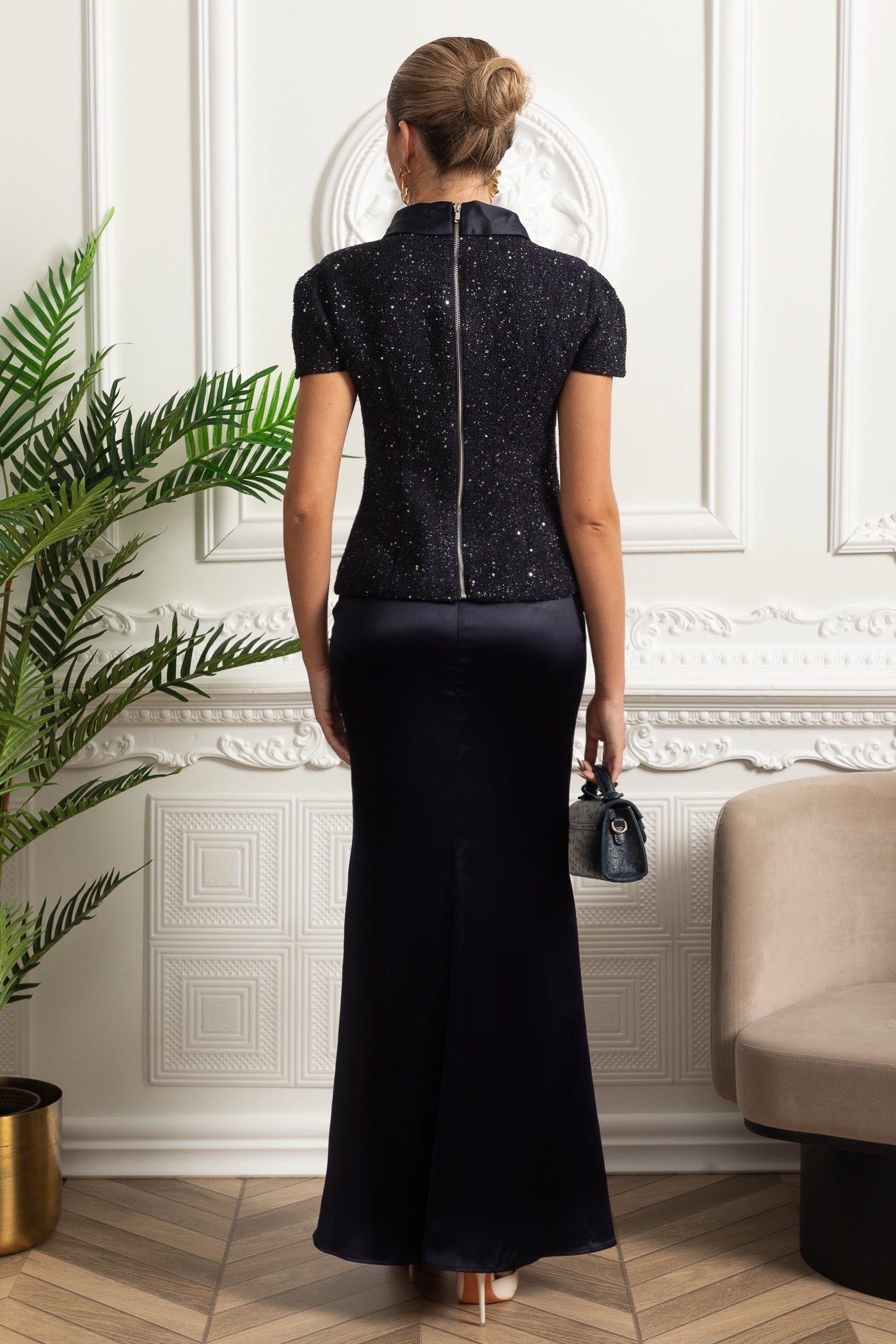 Tweed Süslemeli Üst ve Saten Uzun Etekten Oluşan Takım Elbise - Lacivert