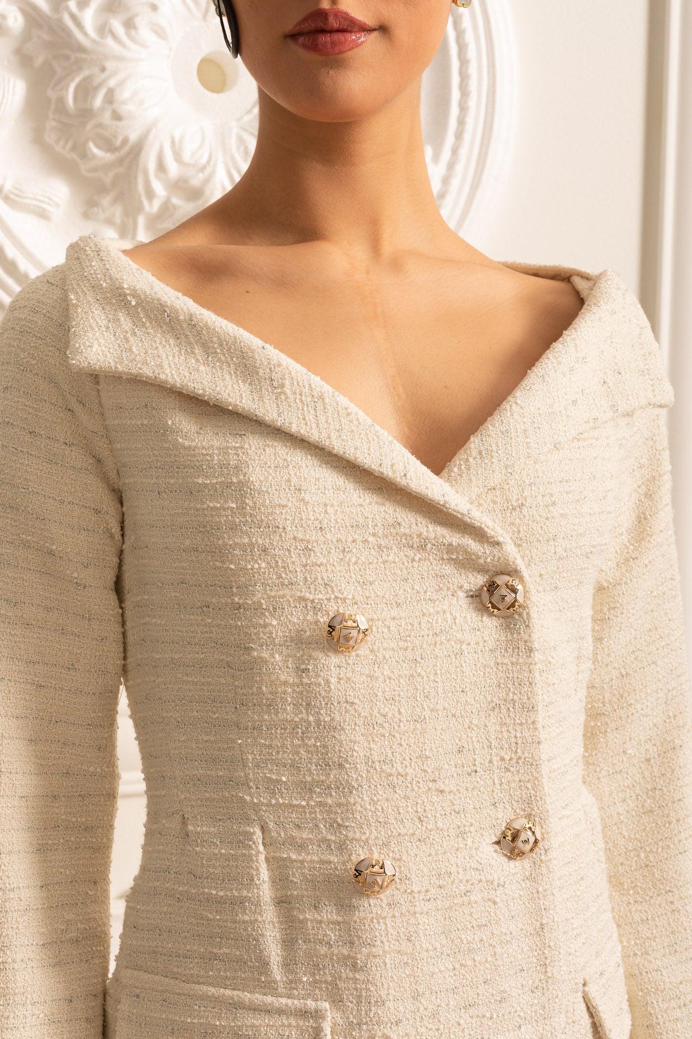 Dekoratif Altın Düğmeli Kruvaze Dokulu Elbise