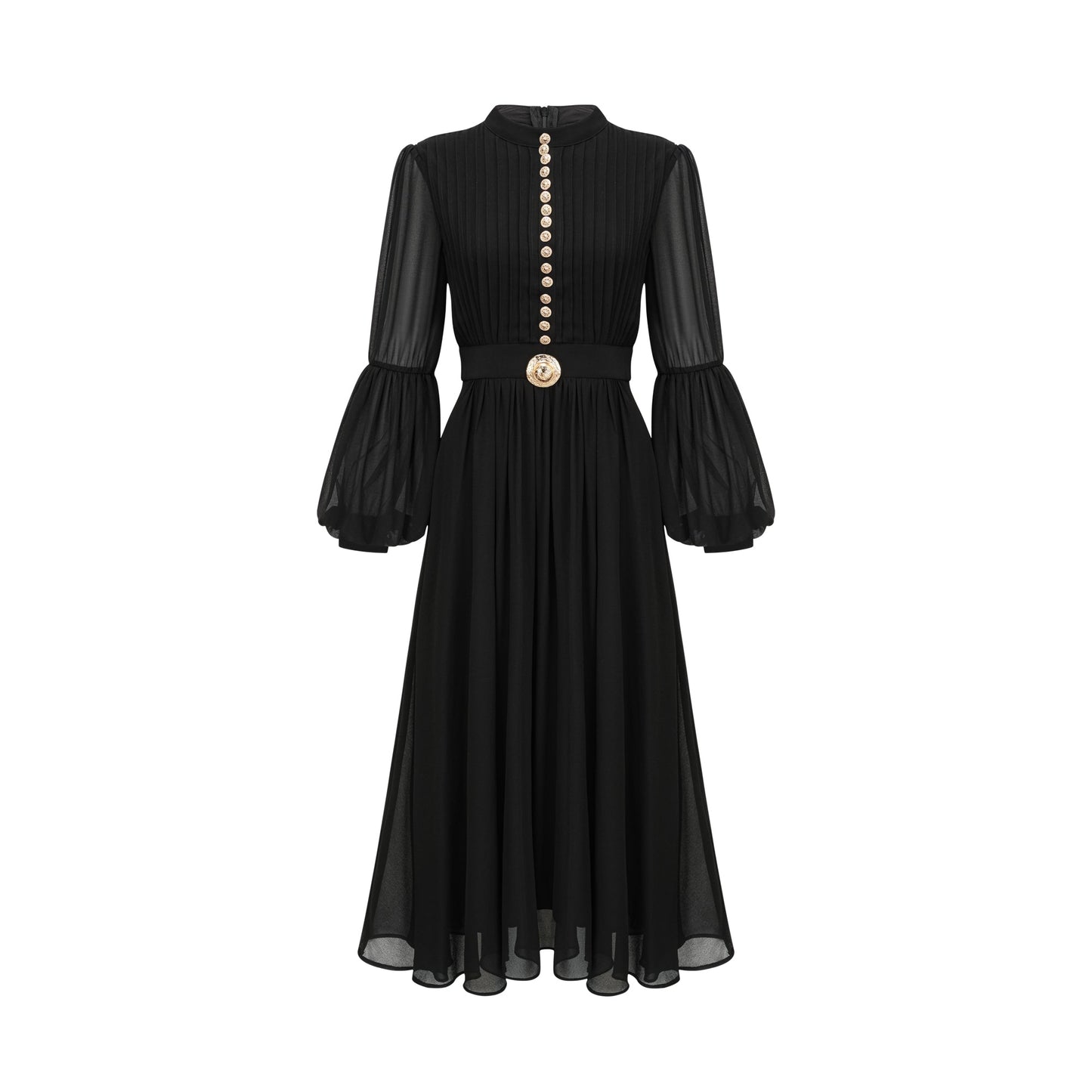 Viviane Siyah Pileli Düğmeli Ön Midi Elbise