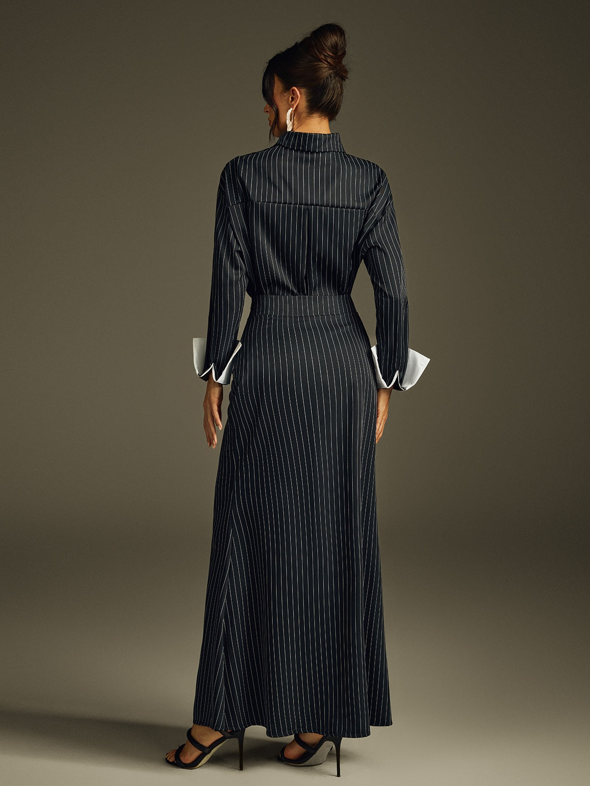 Hryixel Katlanmış Yaka Çizgili Etek Takımı