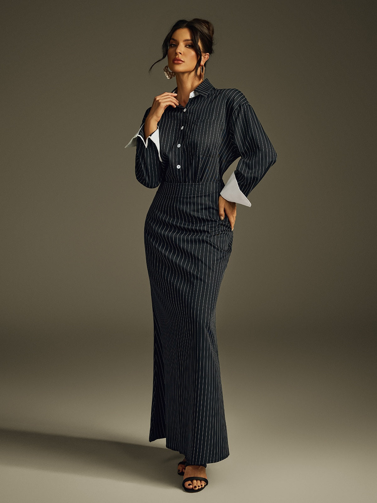 Hryixel Katlanmış Yaka Çizgili Etek Takımı