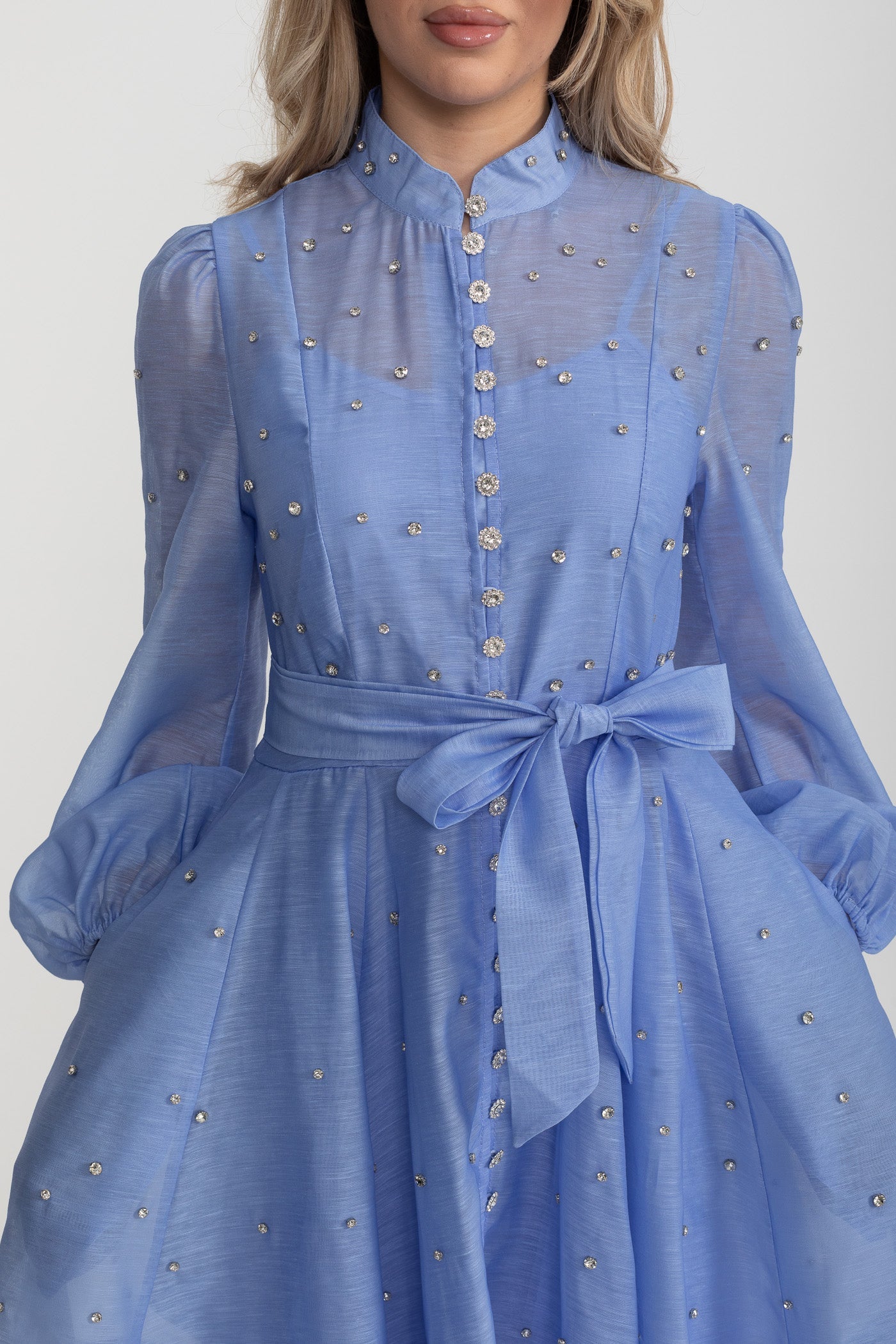 Kristal Süslemeli Uzun Kollu Mini Elbise - Mavi