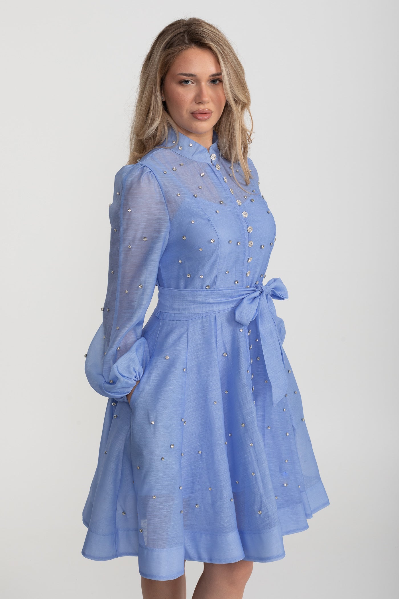 Kristal Süslemeli Uzun Kollu Mini Elbise - Mavi