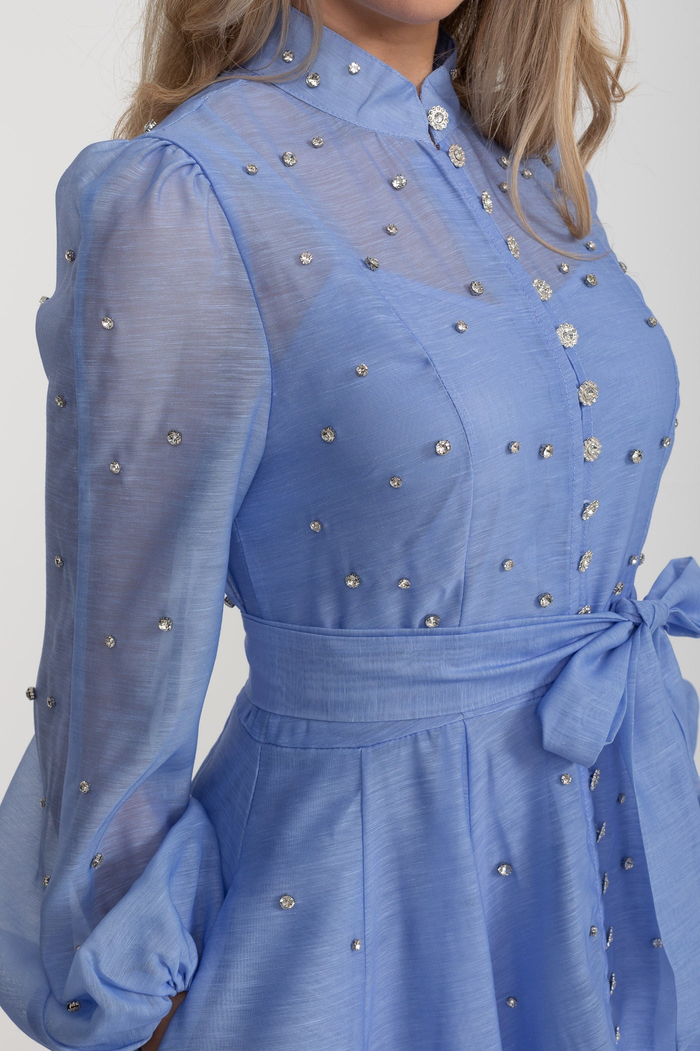 Kristal Süslemeli Uzun Kollu Mini Elbise - Mavi