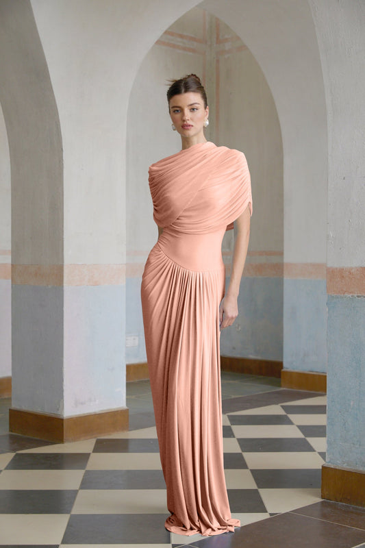 Arina Asimetrik Pileli Maksi Elbise Bebek Pembe