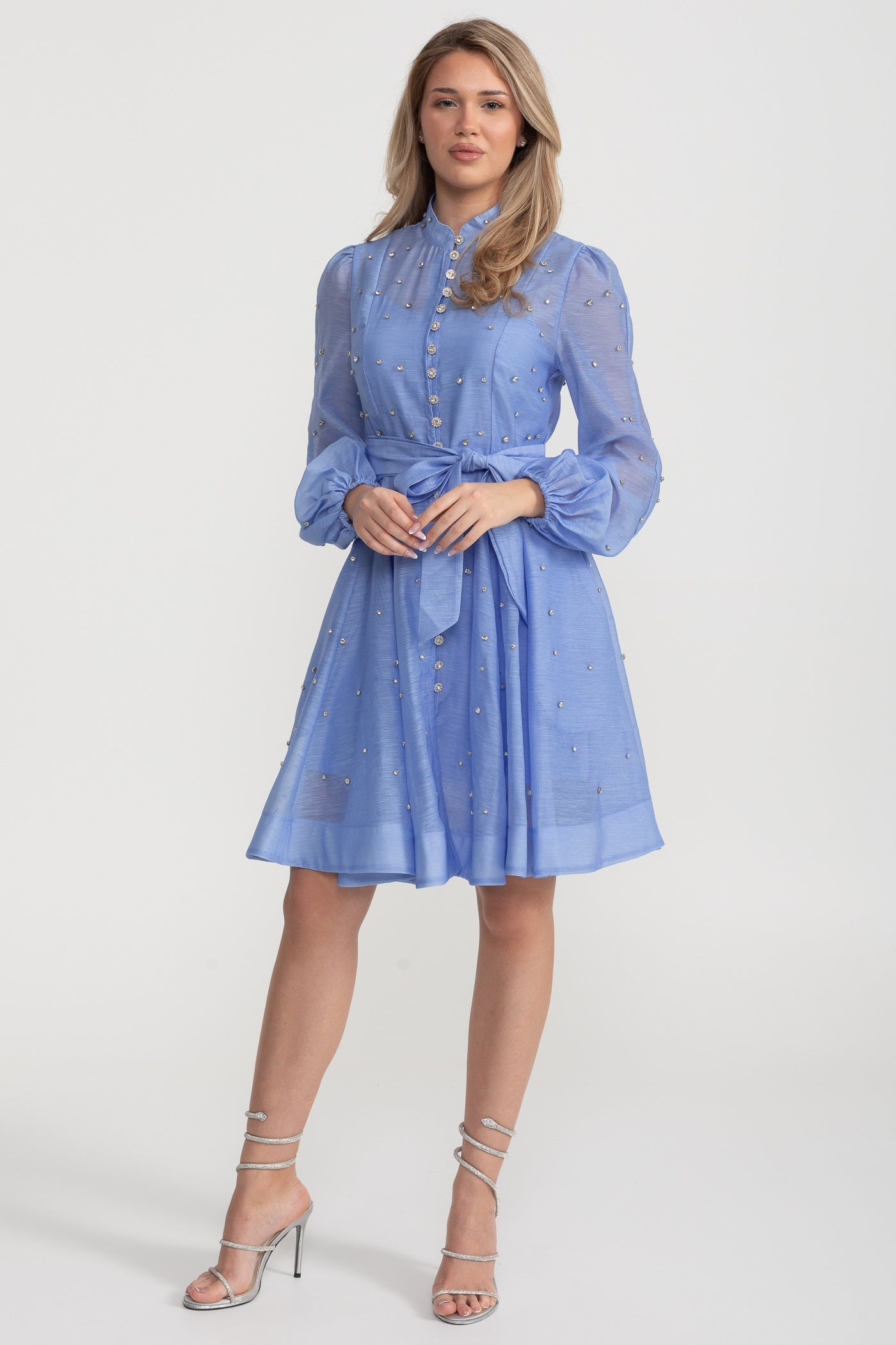 Kristal Süslemeli Uzun Kollu Mini Elbise - Mavi