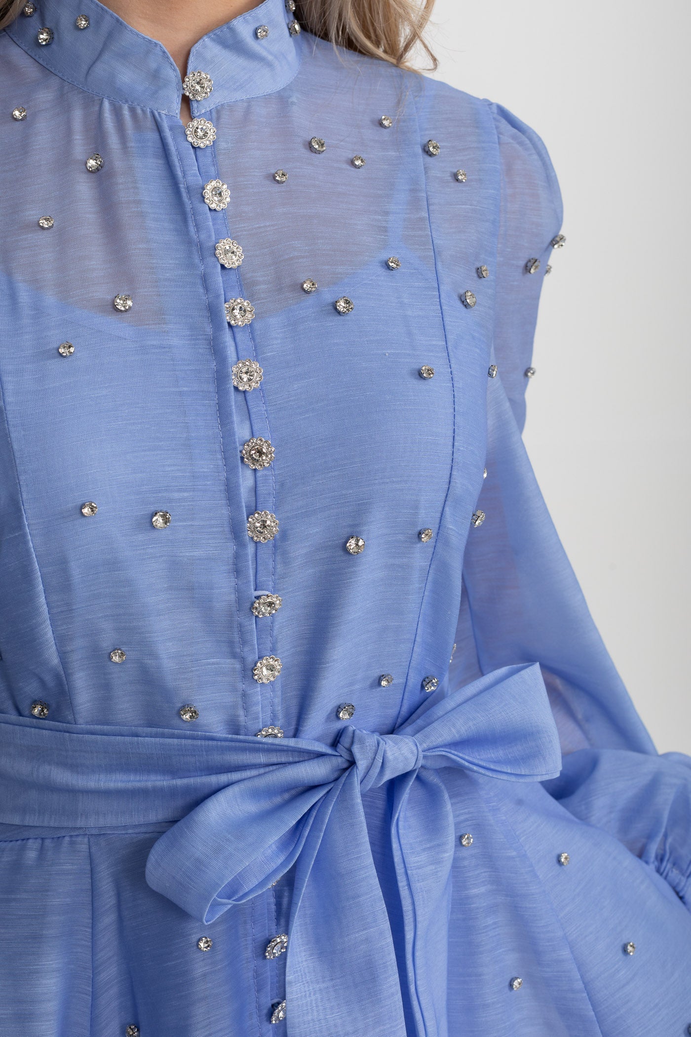 Kristal Süslemeli Uzun Kollu Mini Elbise - Mavi