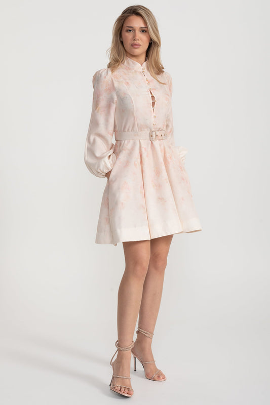 Suluboya Çiçekli Kemerli Mini Elbise Mandarin Yakalı