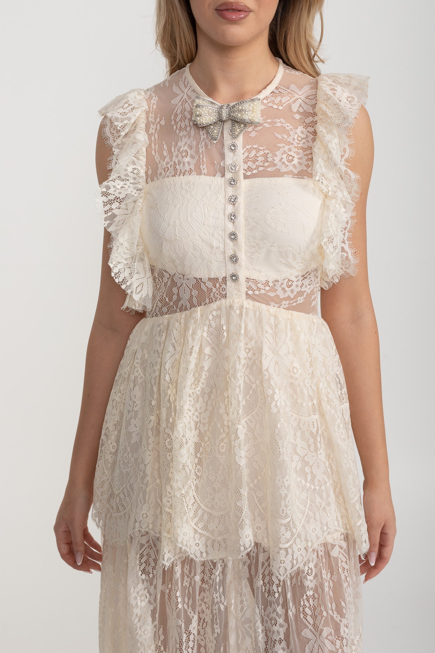 Alley Fırfırlı Dantelli Şeffaf Elbise - Fildişi