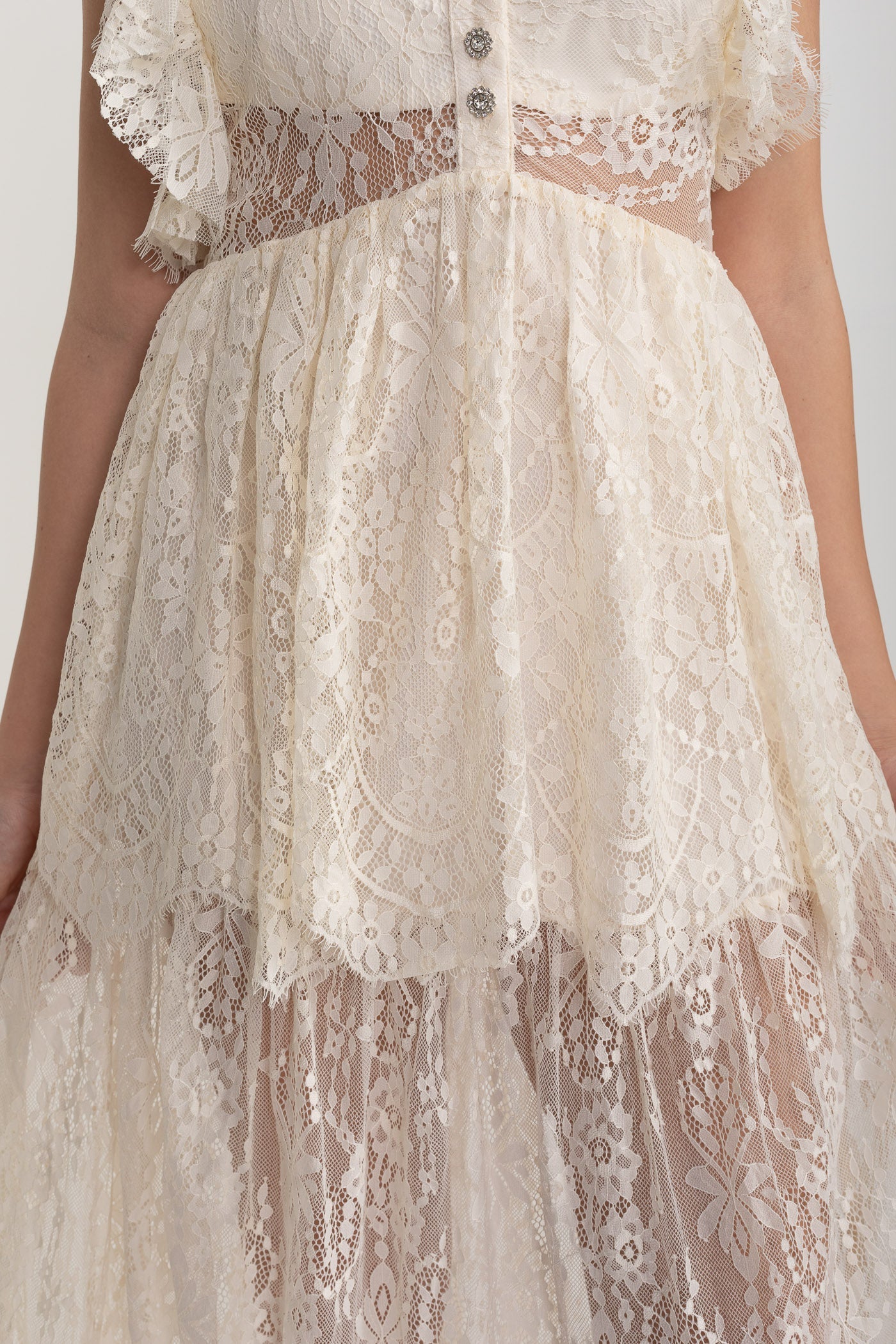 Alley Fırfırlı Dantelli Şeffaf Elbise - Fildişi