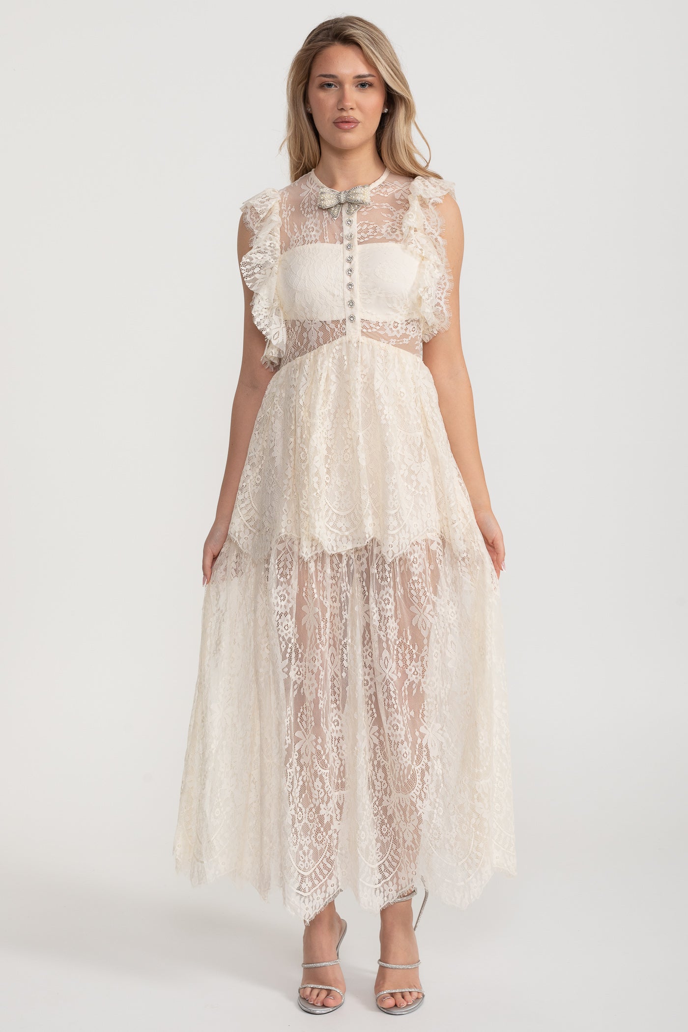 Alley Fırfırlı Dantelli Şeffaf Elbise - Fildişi