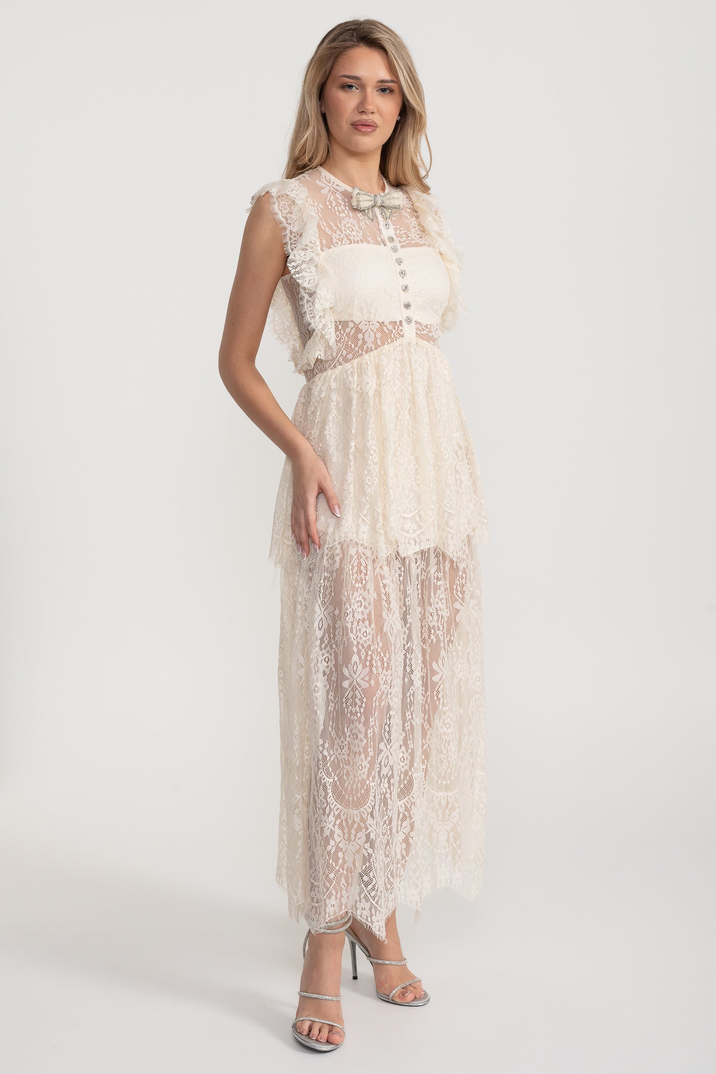 Alley Fırfırlı Dantelli Şeffaf Elbise - Fildişi