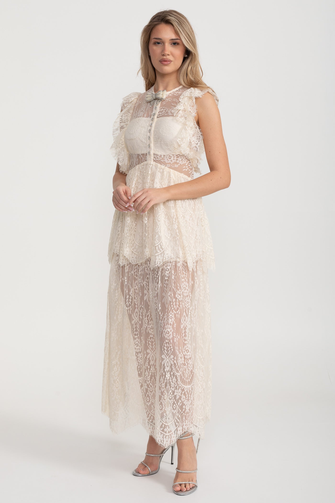 Alley Fırfırlı Dantelli Şeffaf Elbise - Fildişi