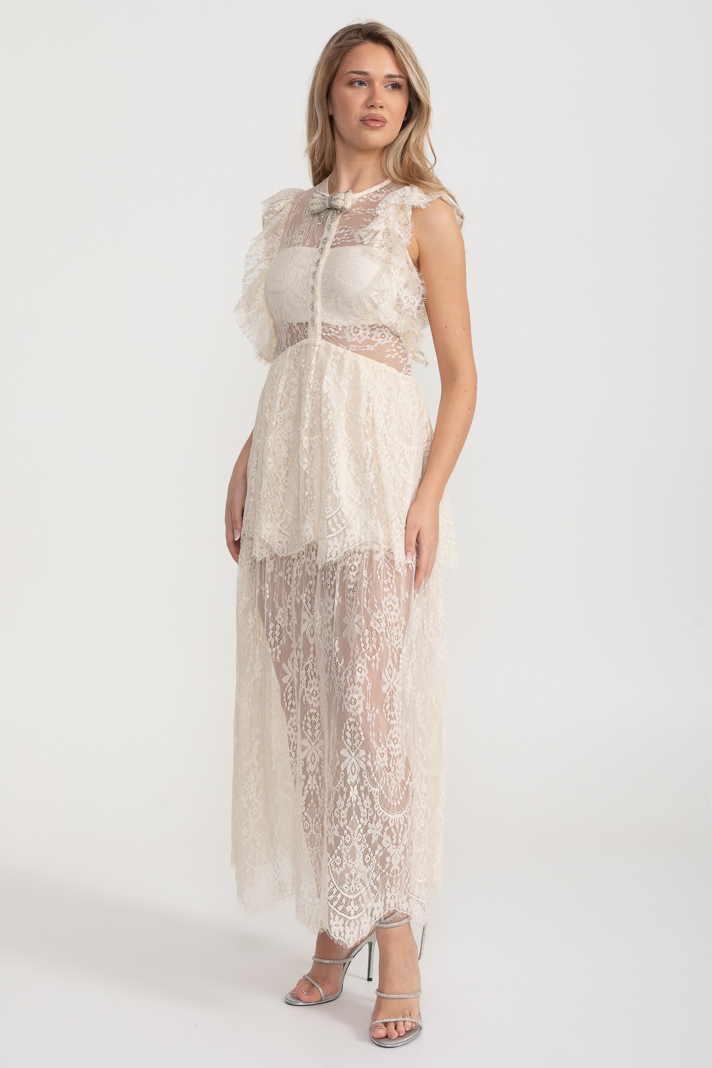 Alley Fırfırlı Dantelli Şeffaf Elbise - Fildişi