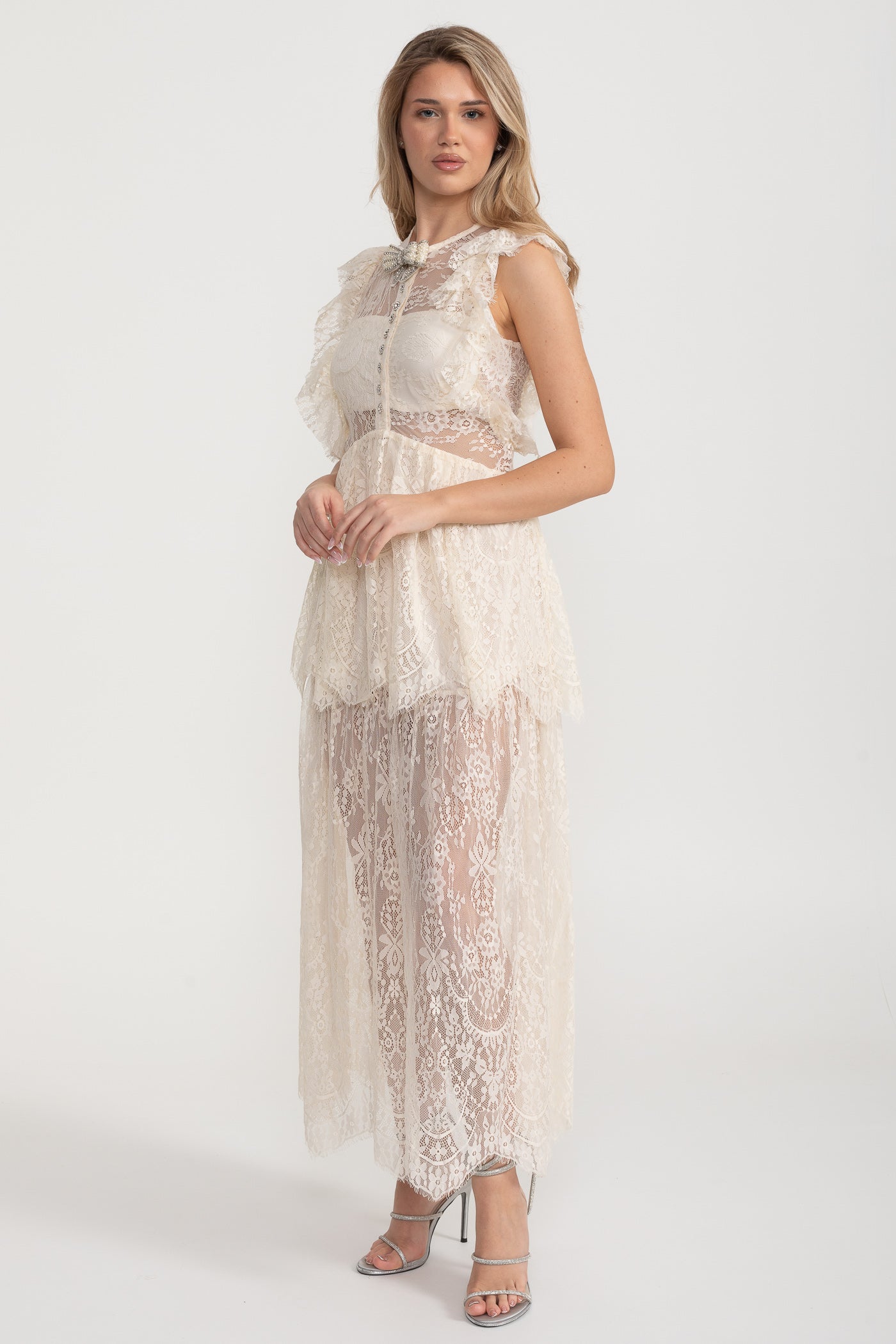 Alley Fırfırlı Dantelli Şeffaf Elbise - Fildişi