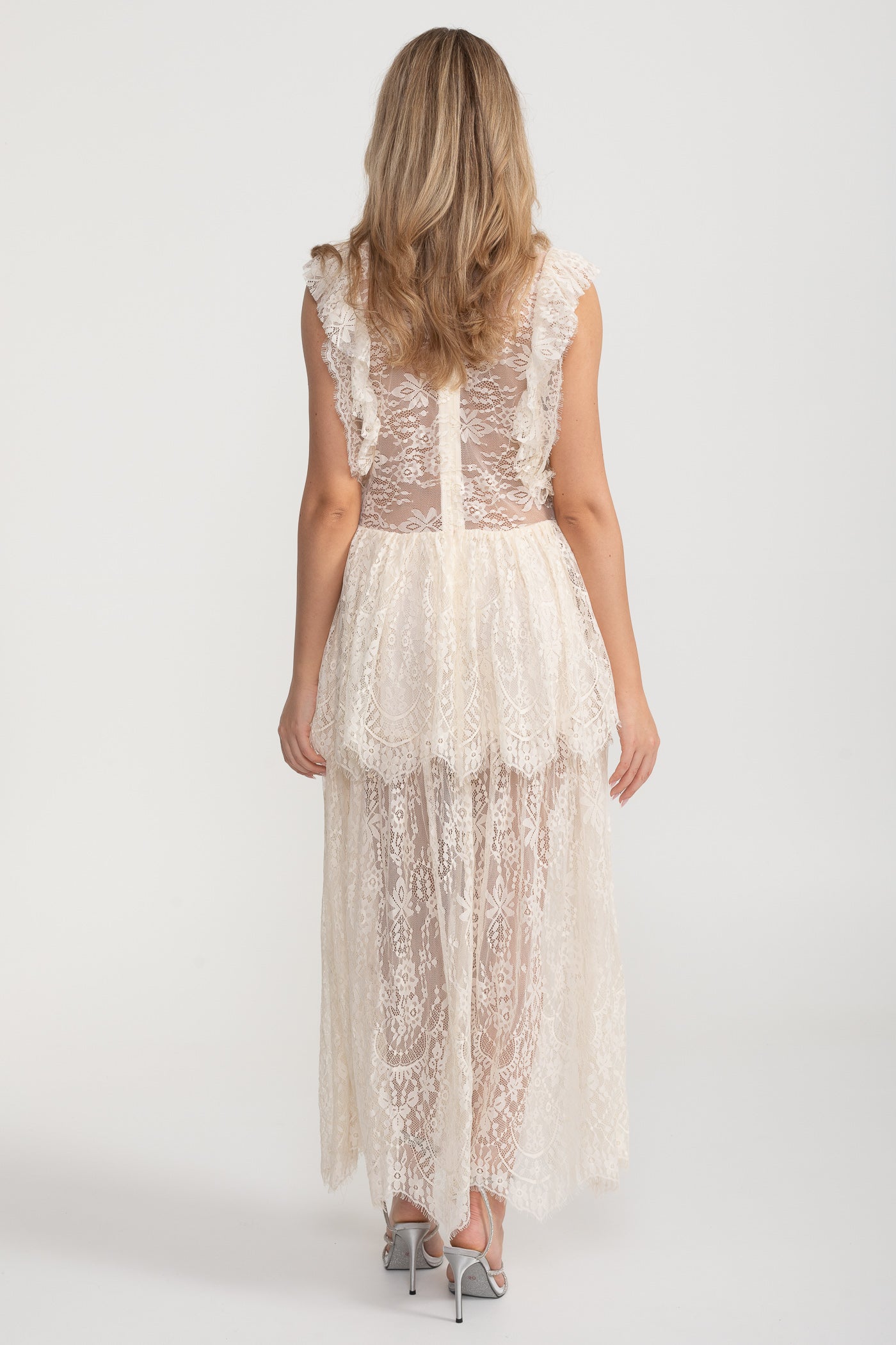 Alley Fırfırlı Dantelli Şeffaf Elbise - Fildişi