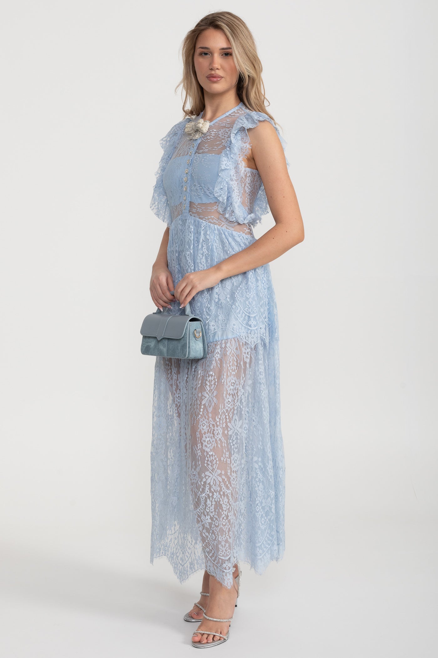 Alley Fırfırlı Dantelli Şeffaf Elbise - Mavi