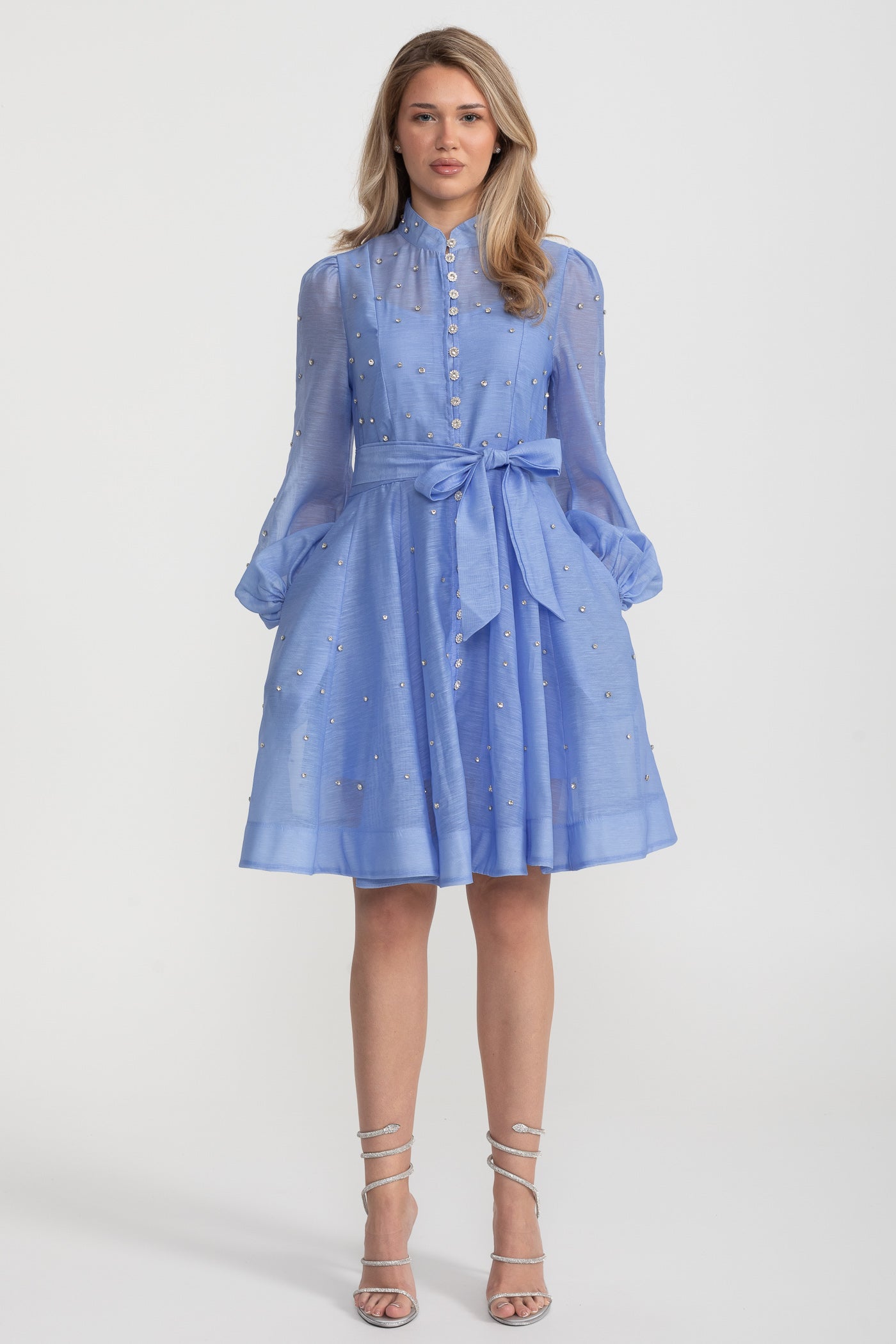 Kristal Süslemeli Uzun Kollu Mini Elbise - Mavi