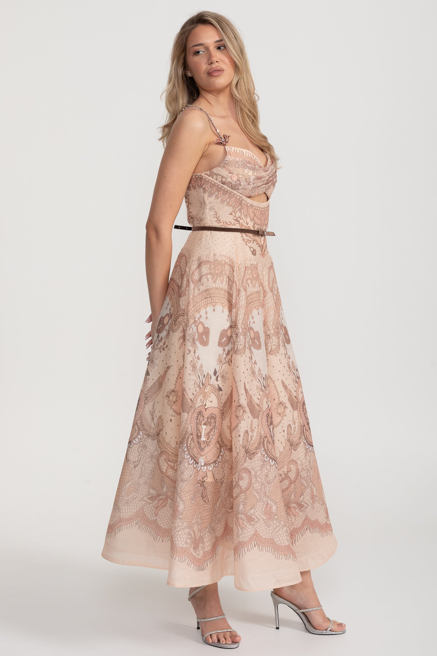 Baskılı Kesik Korse Uzun Elbise Siyah Bel Bantlı - Kahverengi