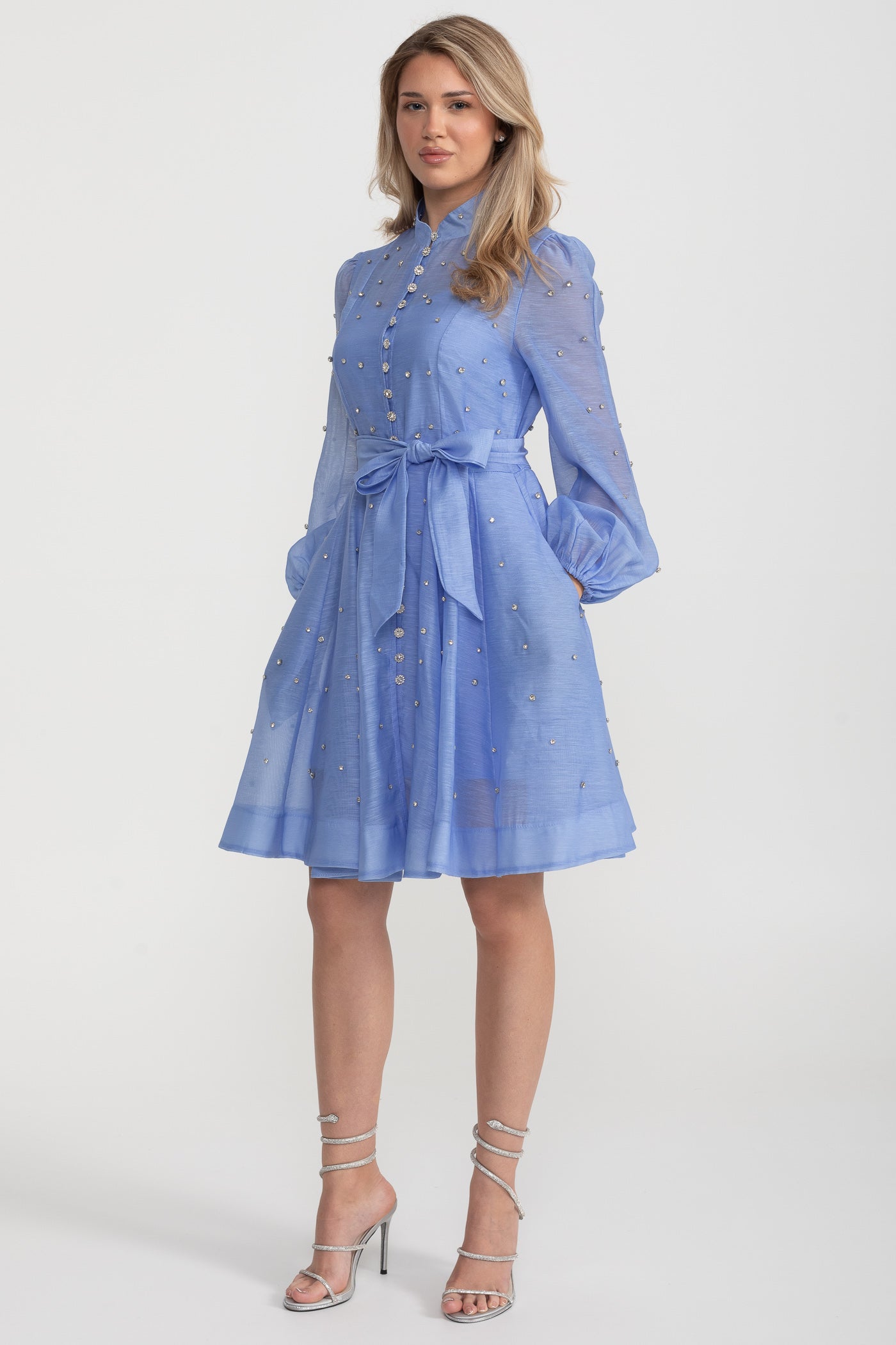 Kristal Süslemeli Uzun Kollu Mini Elbise - Mavi