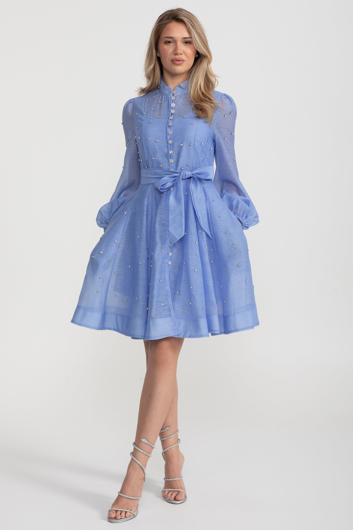 Kristal Süslemeli Uzun Kollu Mini Elbise - Mavi