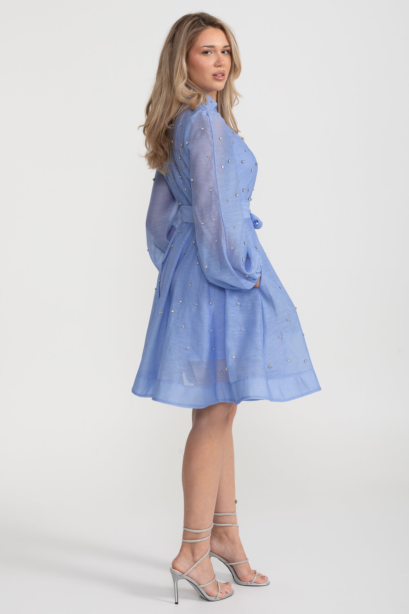 Kristal Süslemeli Uzun Kollu Mini Elbise - Mavi