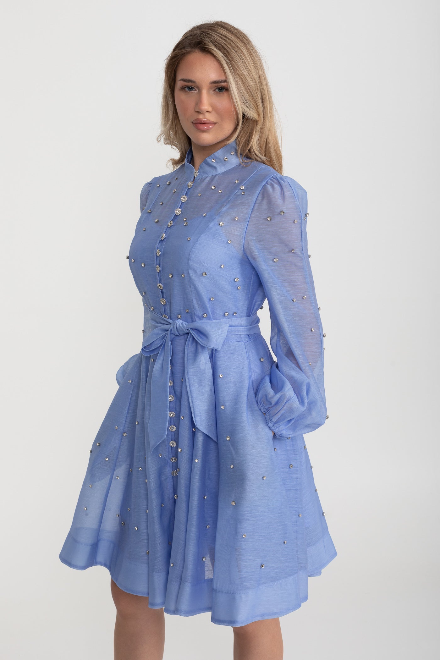 Kristal Süslemeli Uzun Kollu Mini Elbise - Mavi