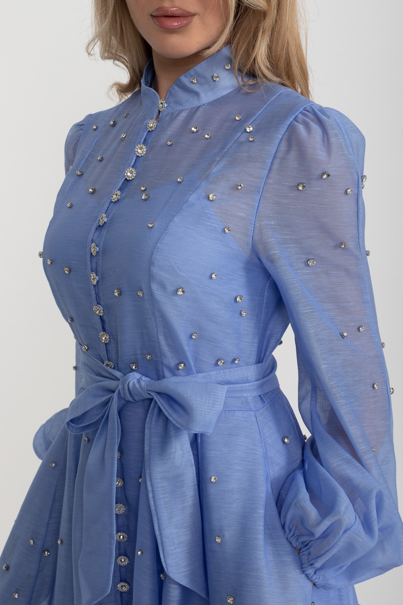 Kristal Süslemeli Uzun Kollu Mini Elbise - Mavi