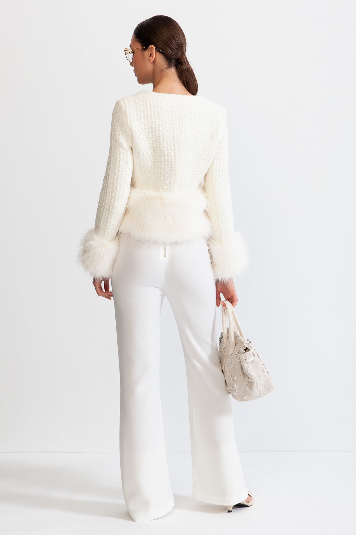 Yün Karışımlı Sahte Kürk Manto - Beyaz