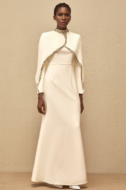 Lune Beyaz Süslemeli Şal Tasarım Elbise