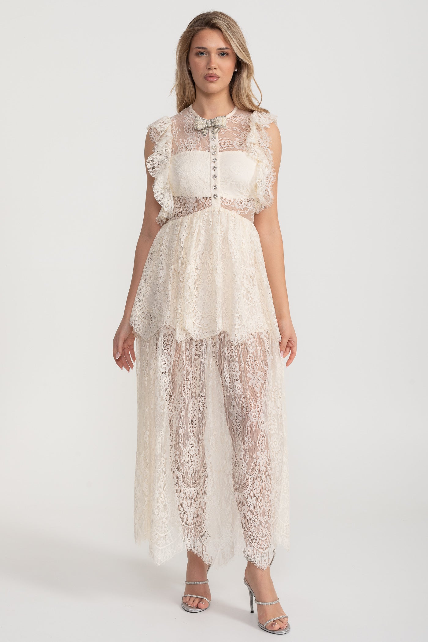 Alley Fırfırlı Dantelli Şeffaf Elbise - Fildişi