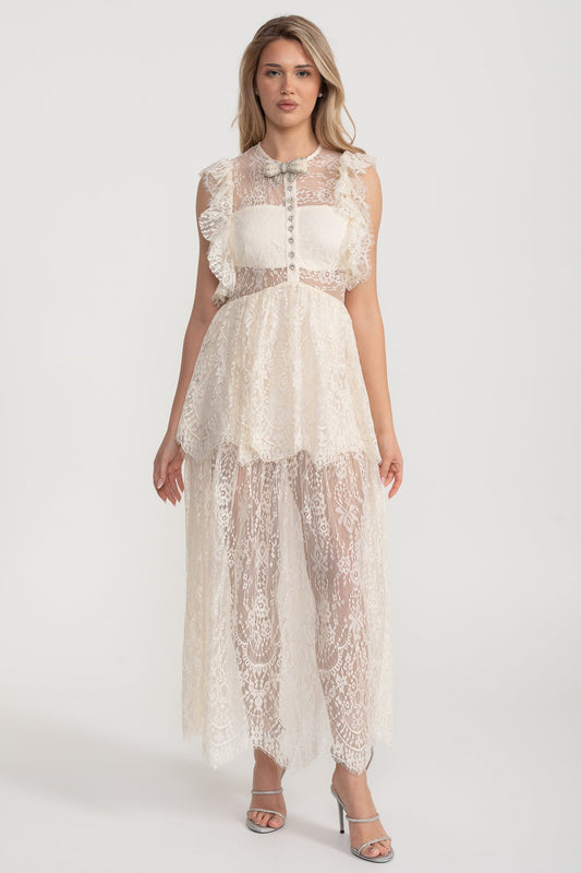 Alley Fırfırlı Dantelli Şeffaf Elbise - Fildişi