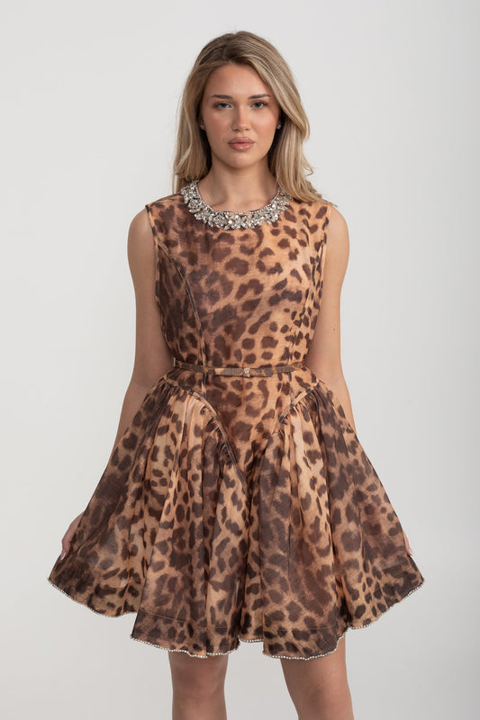 Leopar Desenli ve Taşlı Kolsuz Mini Elbise - Kahverengi