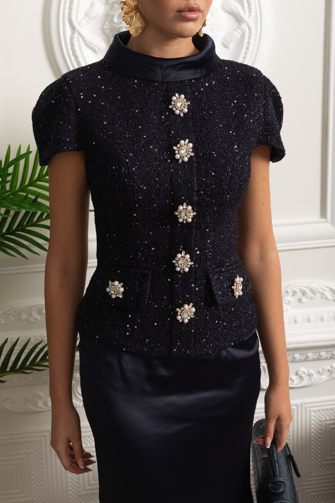 Tweed Süslemeli Üst ve Saten Uzun Etekten Oluşan Takım Elbise - Lacivert