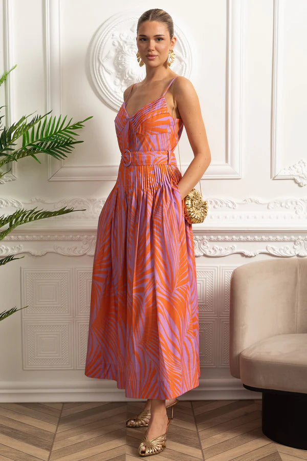 Pileli Göğüslü, Kemerli ve İnce Askılı Midi Elbise - Kırmızı