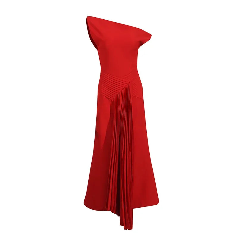 Paulina Oblique Omuz Kolsuz Kıvrımlı Midi Elbise Siyah