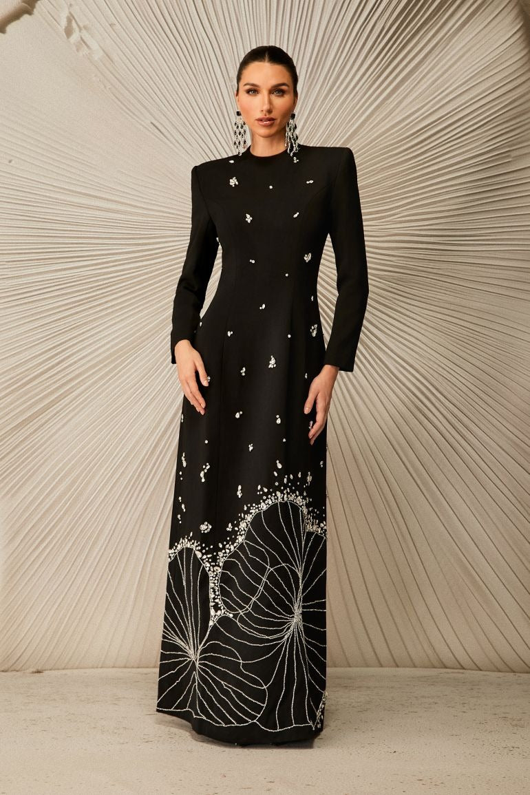 Maya Uzun Kollu Elmas Süslemeli Maksi Elbise