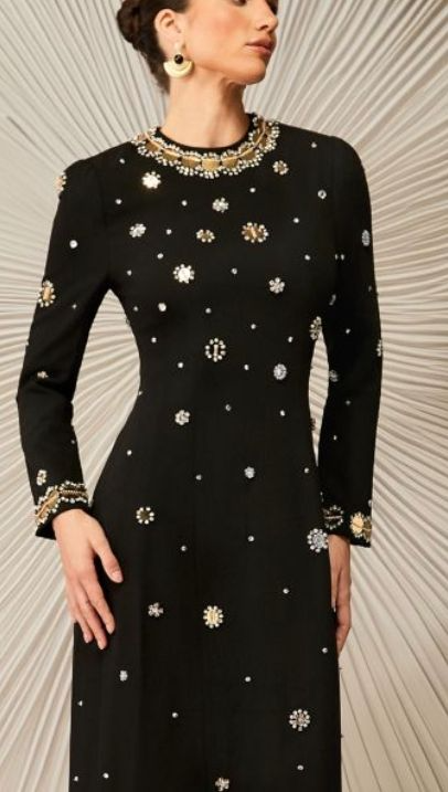 Maya Crystal  Taş Süslemeli Uzun Kollu Maksi Elbise