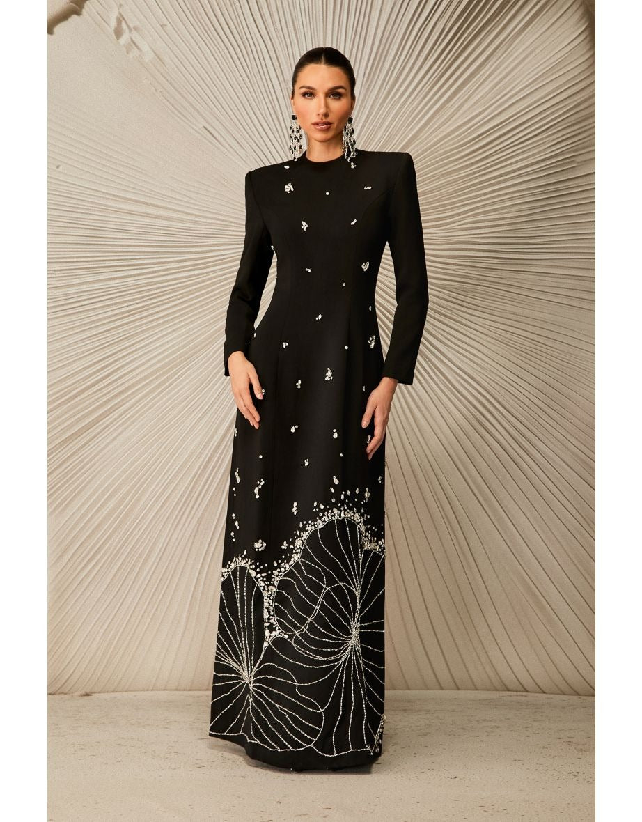 Maya Uzun Kollu Elmas Süslemeli Maksi Elbise