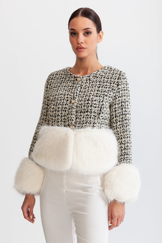 EVIANA Yün Karışımlı Suni Kürk Manto - Siyah